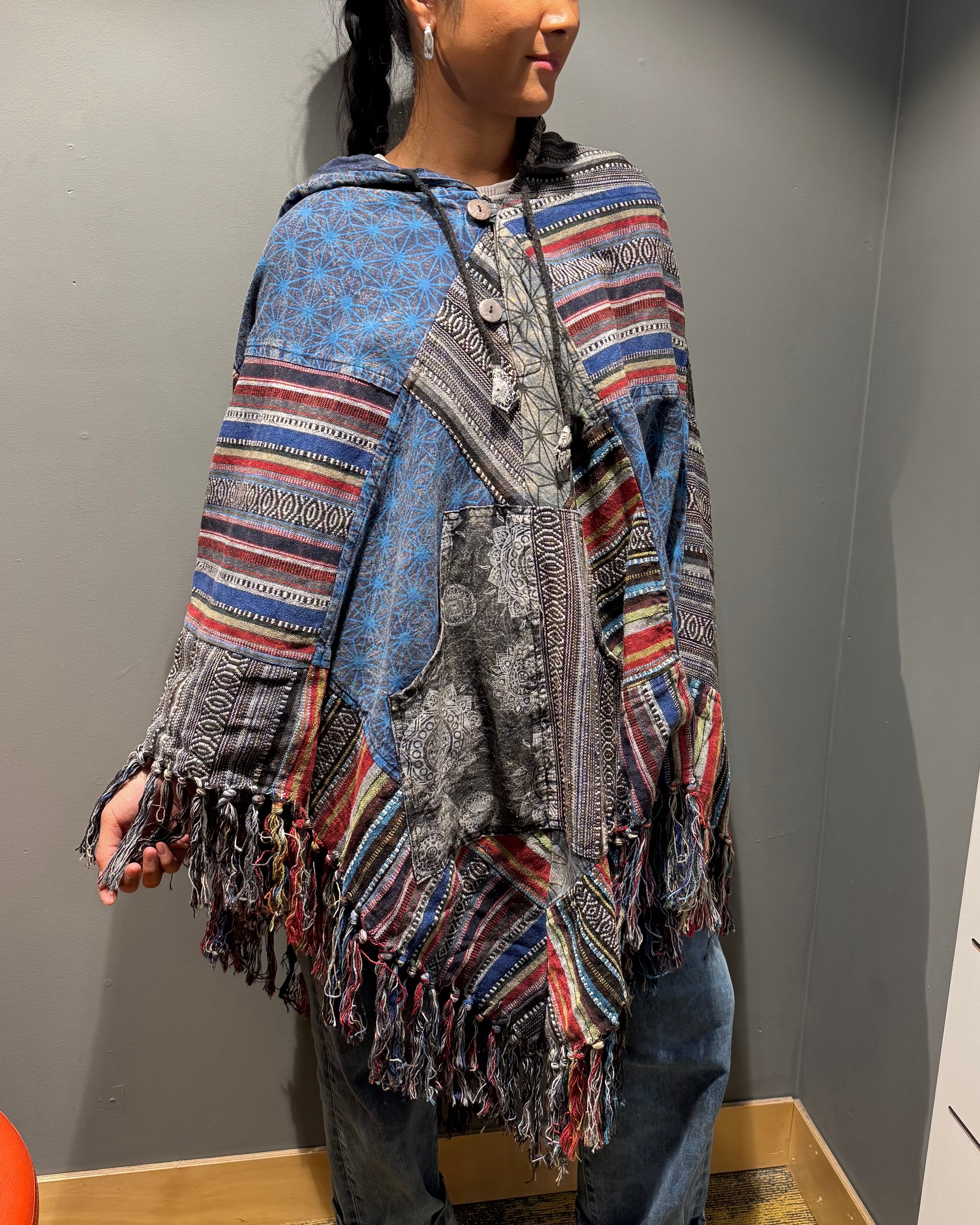 Tibet House A198 Patchwork Poncho Black/ Blue
