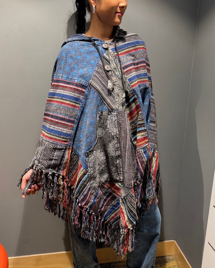 Tibet House A198 Patchwork Poncho Black/ Blue