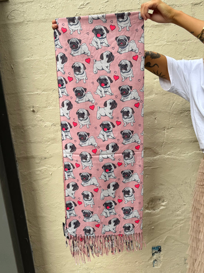 Zura CASI139 Reversible Cashmere Scarf Pugs Pink