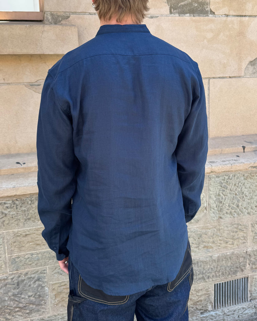 Milkman Linen Mandarin Collar Shirt French Navy