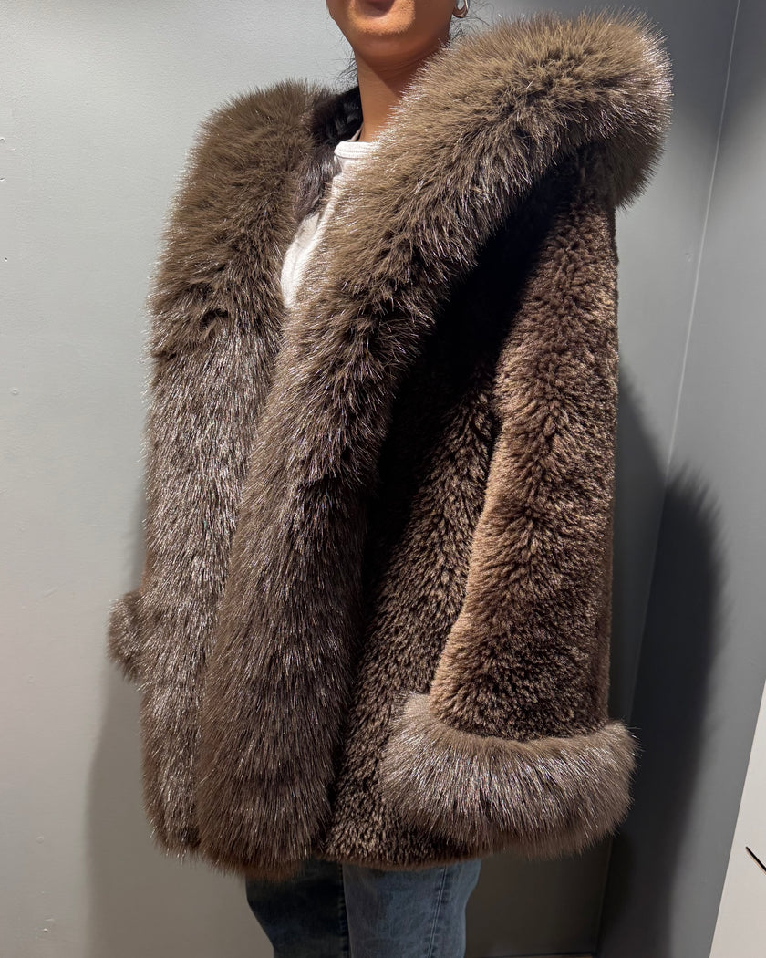 Cinnamon Creations F109 Fluffy Hooded Jacket Brown