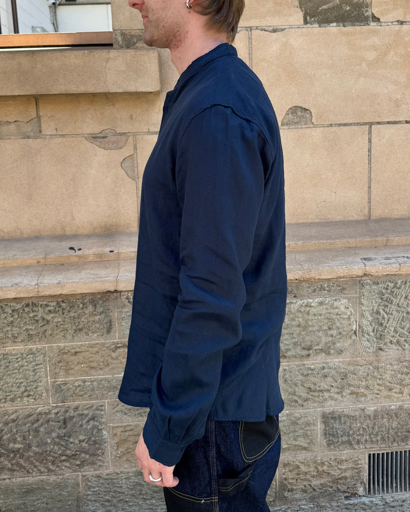 Milkman Linen Mandarin Collar Shirt French Navy