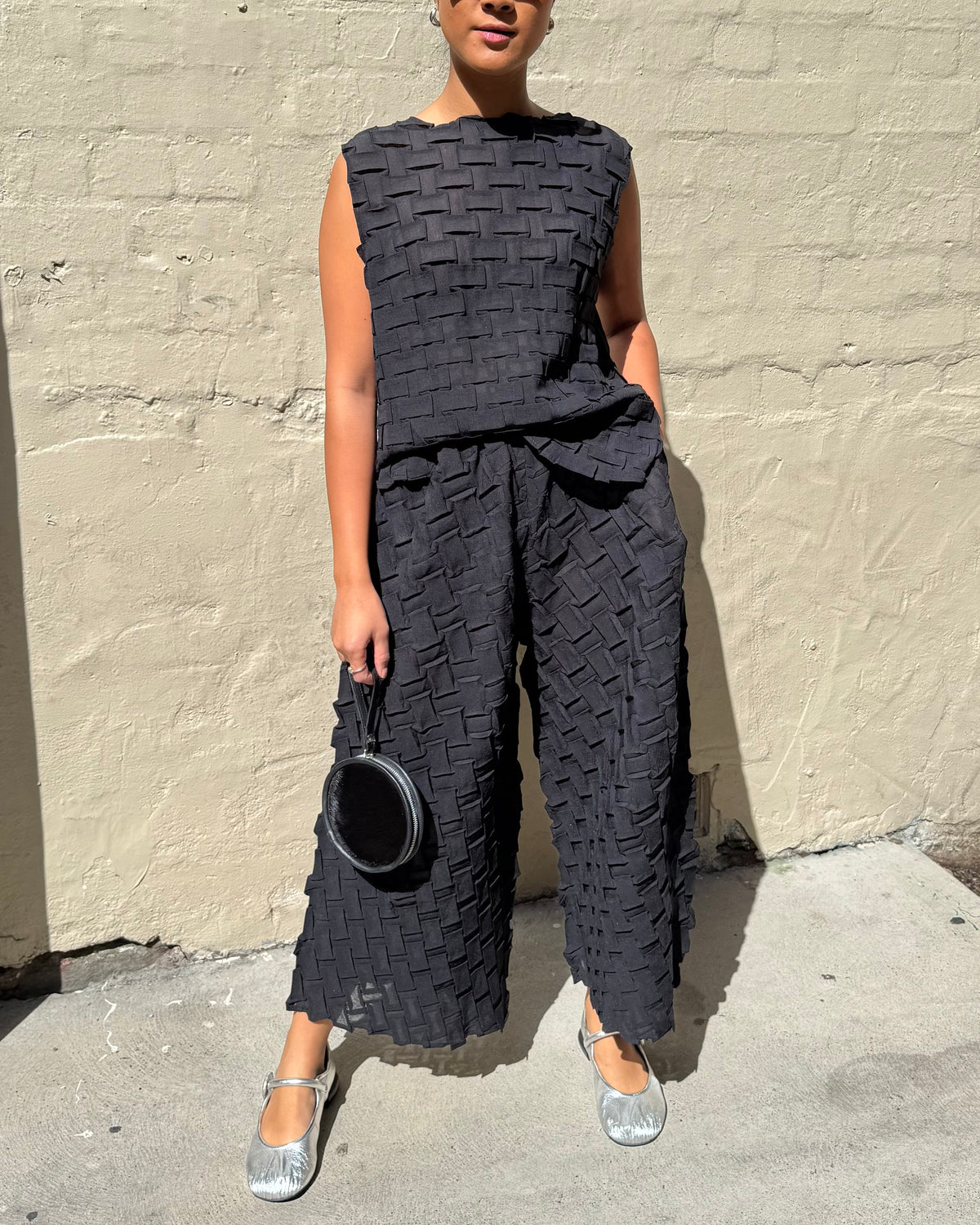 Indulge Me CLO105 Basket Weave Pleat Top & Pants Set Black