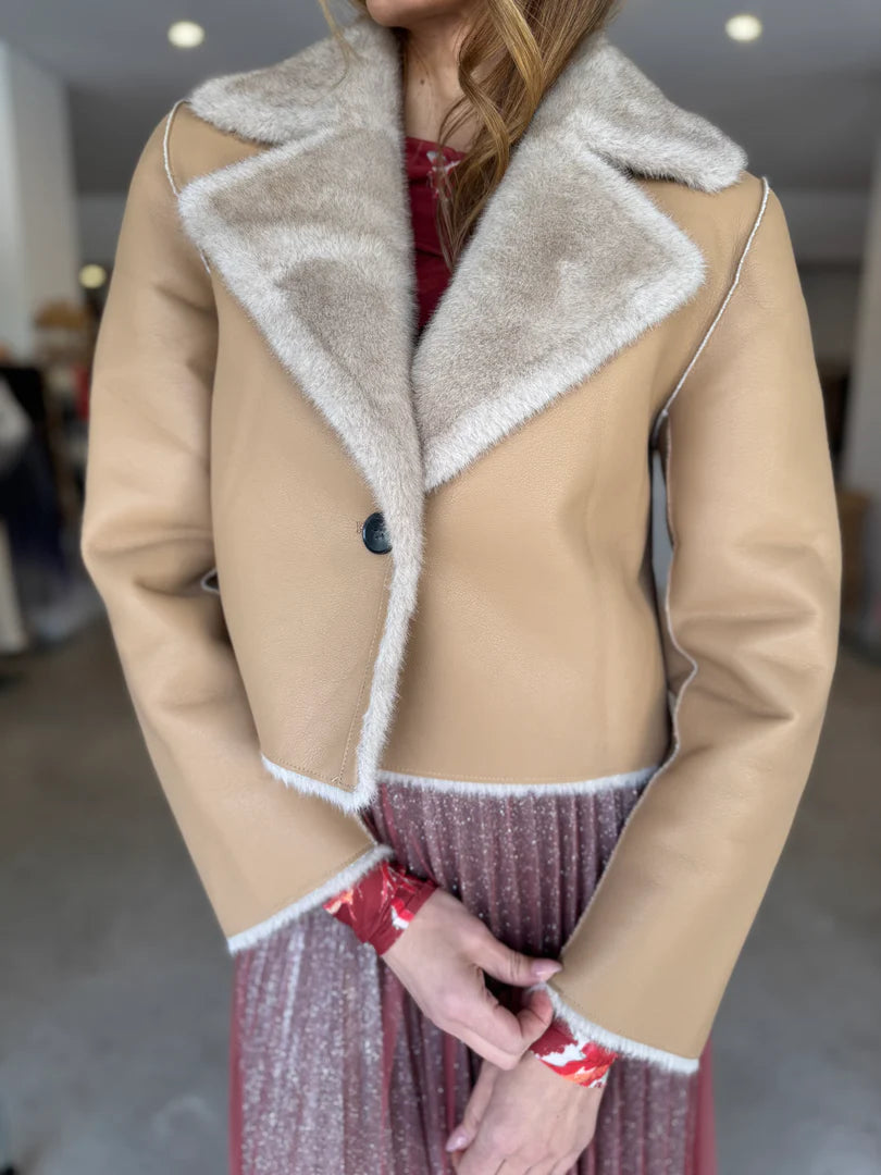 DEA The Label Faux Fur Cropped Reversible Jacket Beige