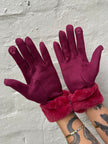 Cinnamon Creations Faux Fur Trim Suedette Gloves Wine