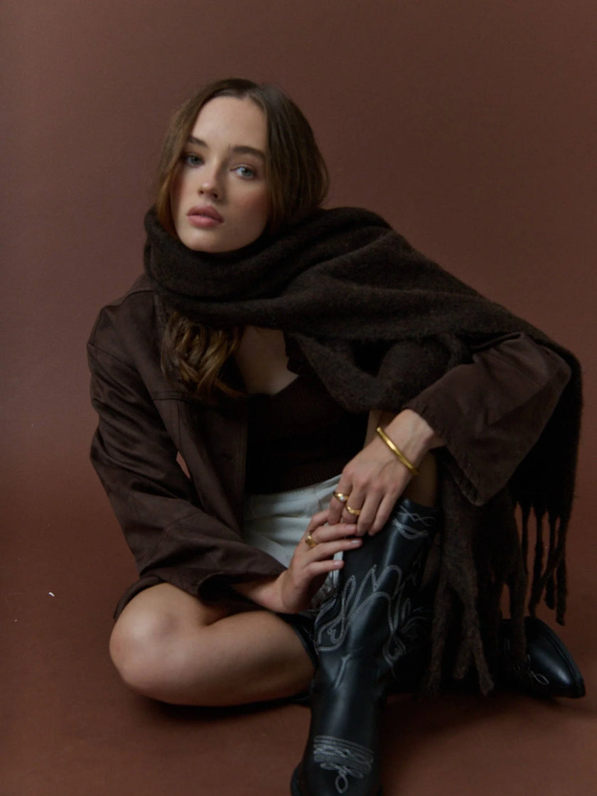 Angels Whisper Betty Wool Plain Fluffy Scarf Brown