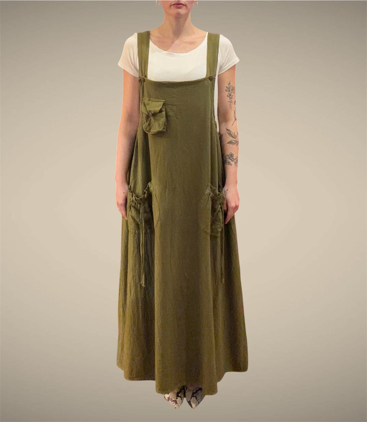 Tibet House GT01 Thick Cotton 3 Pocket Pinafore Dress Khaki