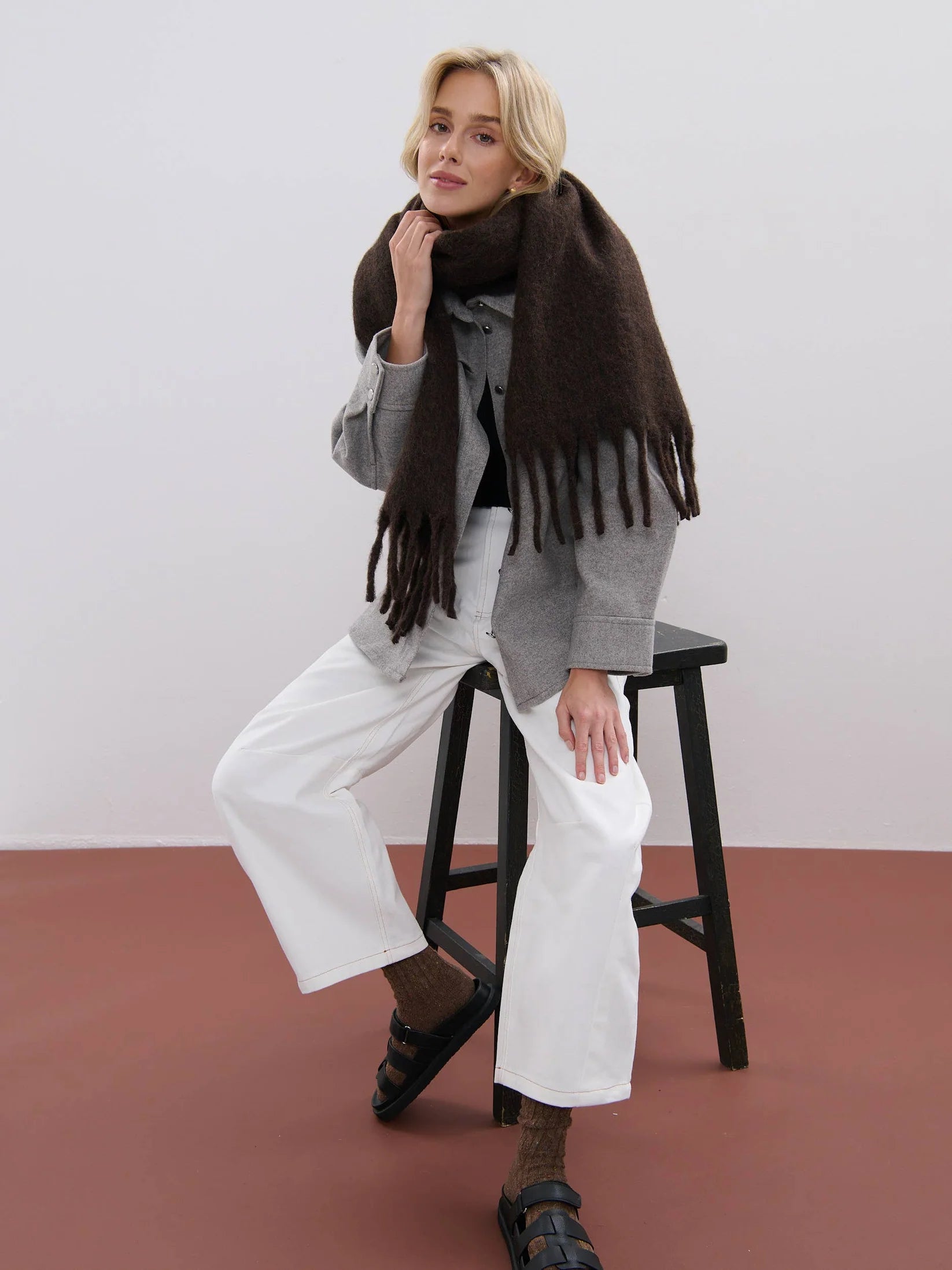 Angels Whisper Betty Wool Plain Fluffy Scarf Brown
