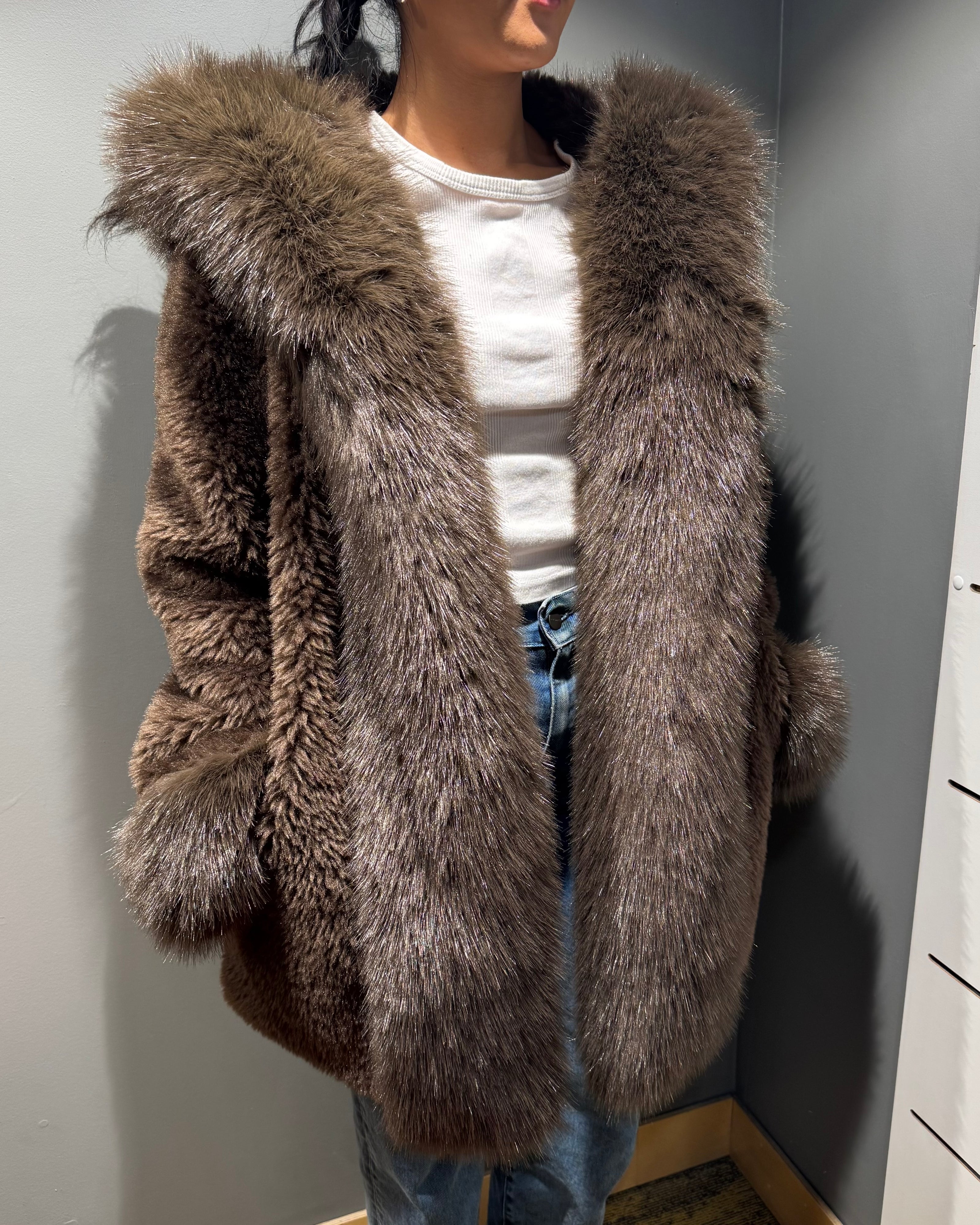 Cinnamon Creations F109 Fluffy Hooded Jacket Brown