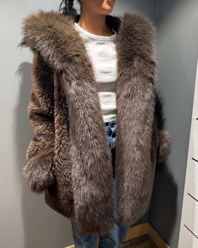 Cinnamon Creations F109 Fluffy Hooded Jacket Brown