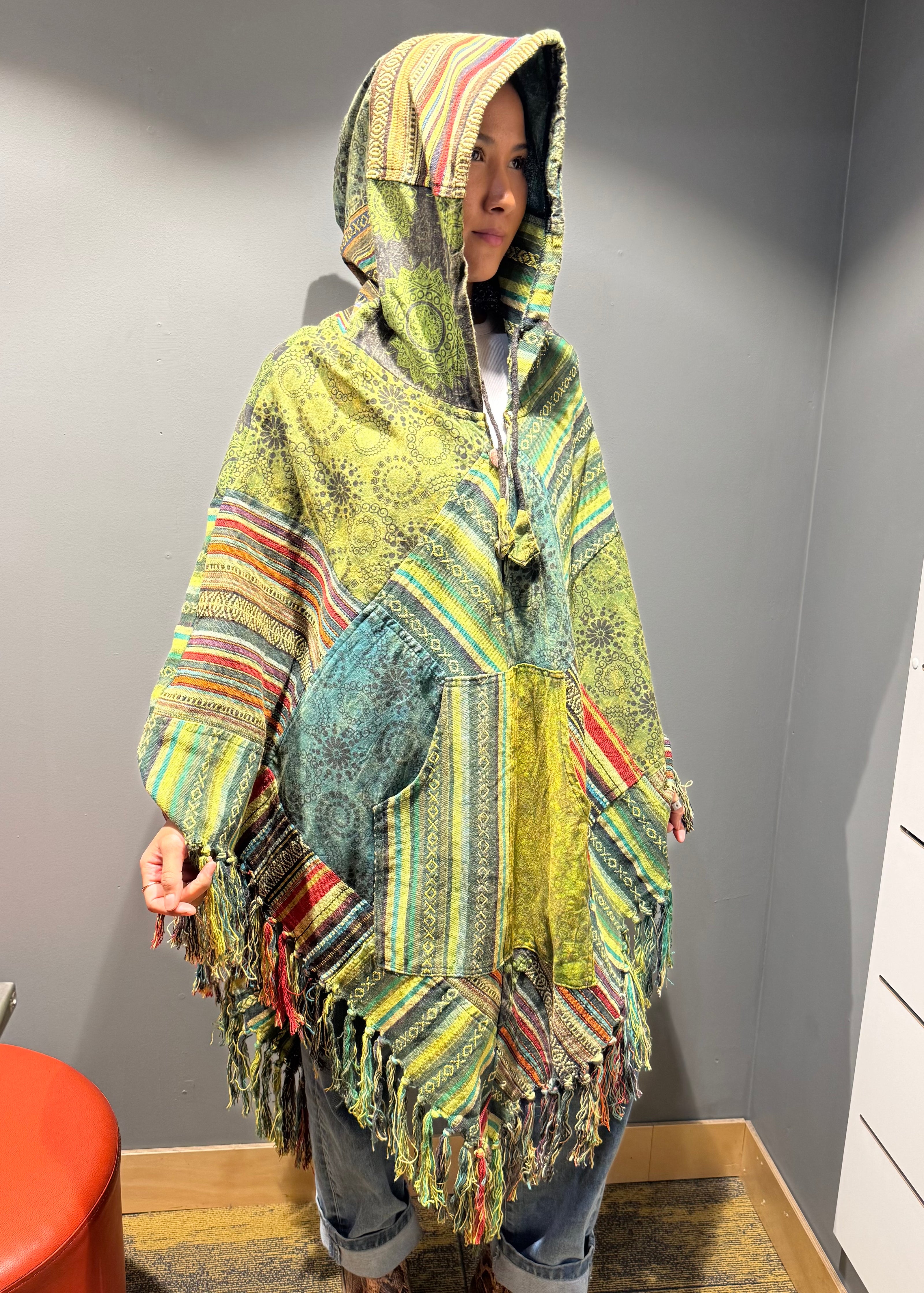 Tibet House A198 Patchwork Poncho Green Multi