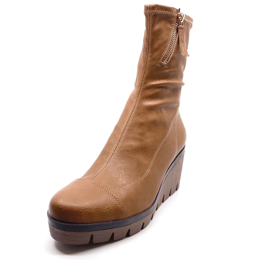 Django & Juliette Nucio Wedge Boots Tan Stretch Smooth