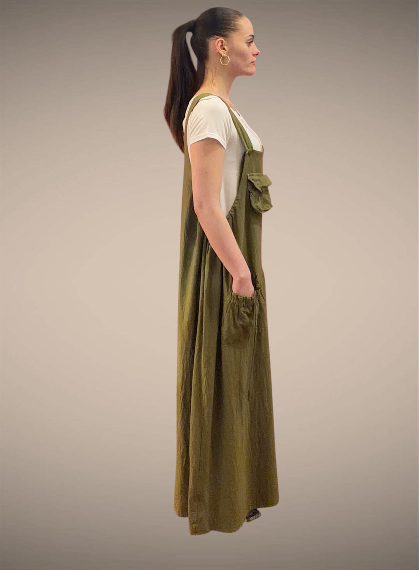 Tibet House GT01 Thick Cotton 3 Pocket Pinafore Dress Khaki