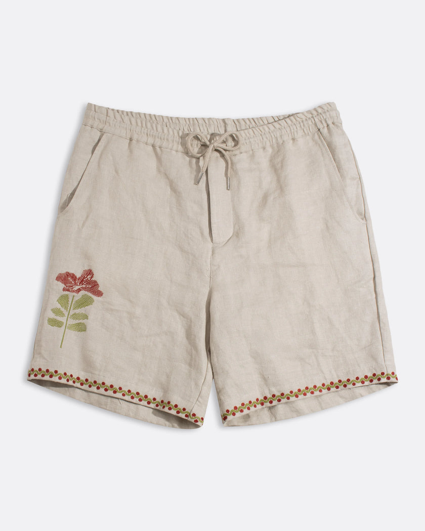 Far Afield House Short Embroidered Floral Sand