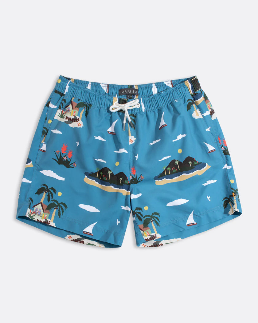 Far Afield Printed Swim Shorts Island Print Blue Multi