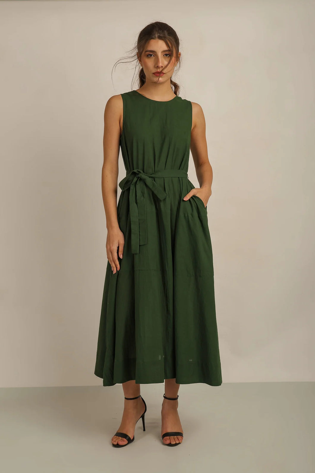 Anannasa Sammy Flare Dress W Sash Green