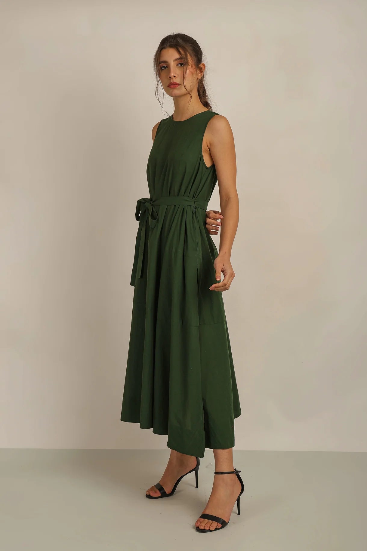 Anannasa Sammy Flare Dress W Sash Green