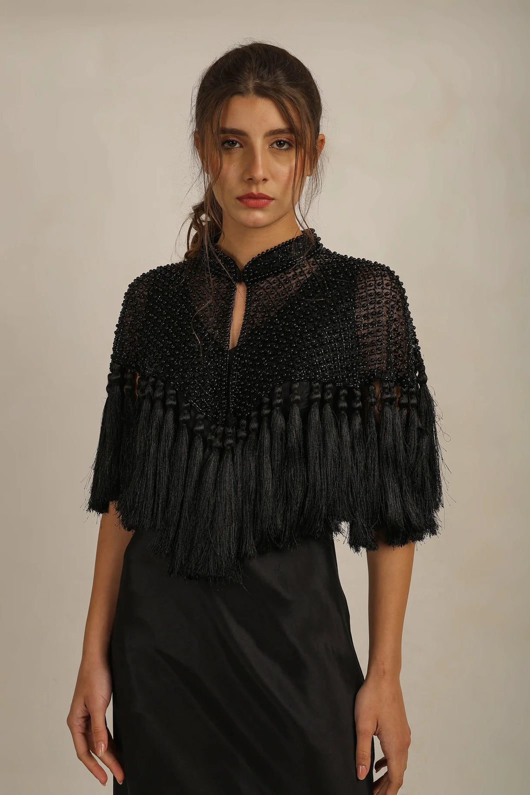 Anannasa Zara Beaded Tassel Cape Black