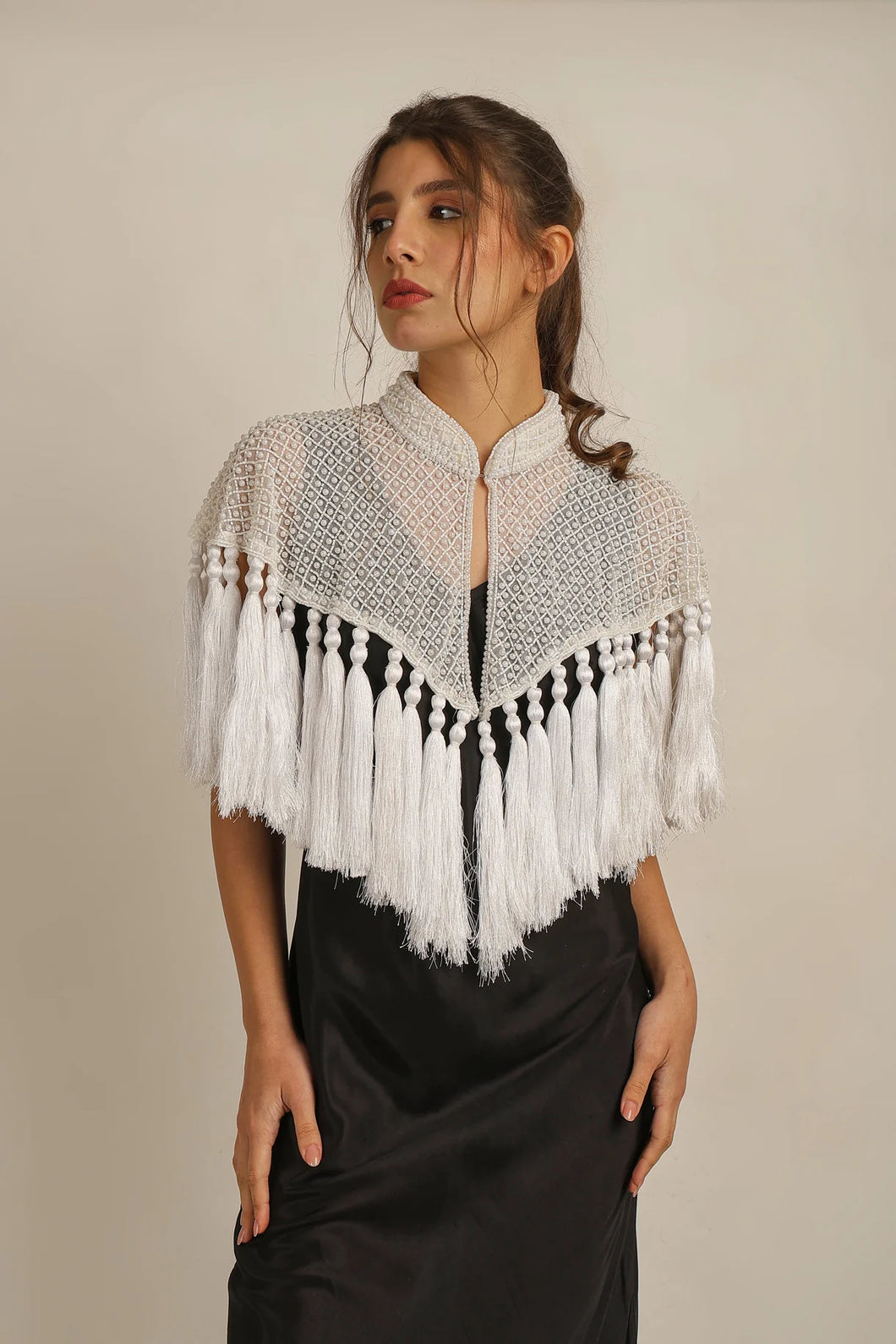 Anannasa Zara Beaded Tassel Cape White