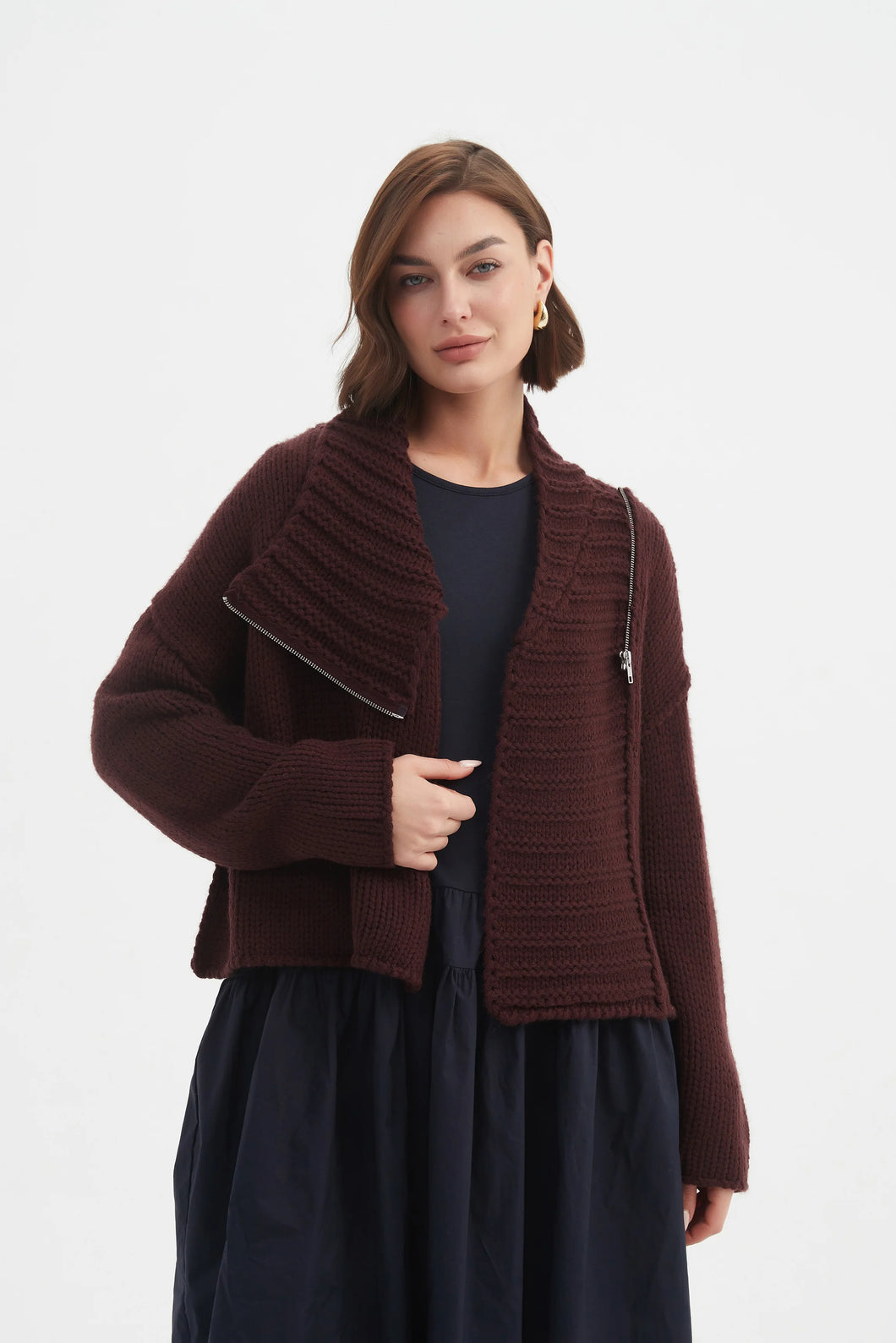 Tirelli Zip Collar Cardigan Aubergine