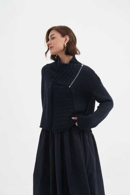 Tirelli Zip Collar Cardigan Navy