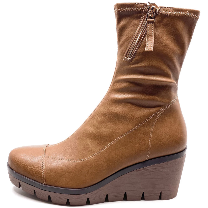 Django & Juliette Nucio Wedge Boots Tan Stretch Smooth