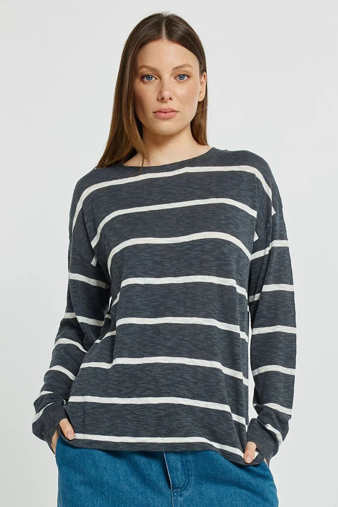Betty Basics Natasha Knit Top Charcoal Stripe