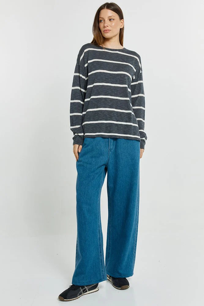 Betty Basics Natasha Knit Top Charcoal Stripe