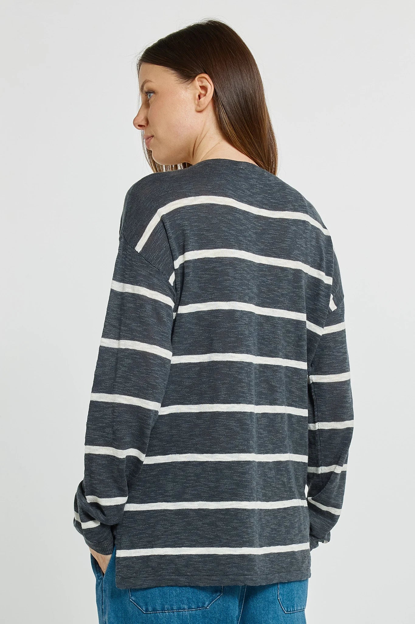 Betty Basics Natasha Knit Top Charcoal Stripe