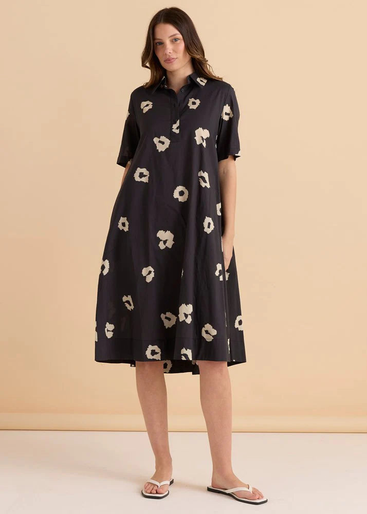 Betty Basics Savannah Swing Shirt Dress Black Leopard Print