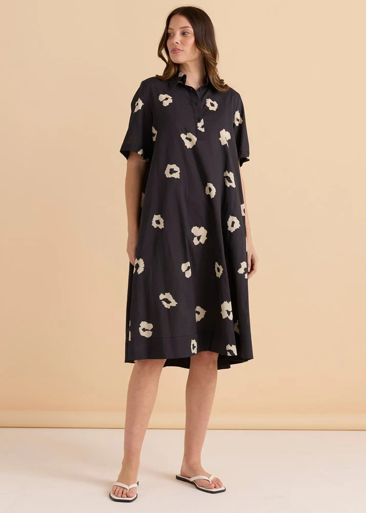 Betty Basics Savannah Swing Shirt Dress Black Leopard Print