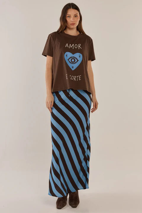 Betty Basics Bec Bias Skirt Cornflower Blue/Brown Stripe