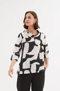 Tirelli Funnel Neck Blouse Black Abstract Print