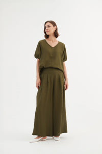 Tirelli Pleat Front Palazzo Pant Dark Moss