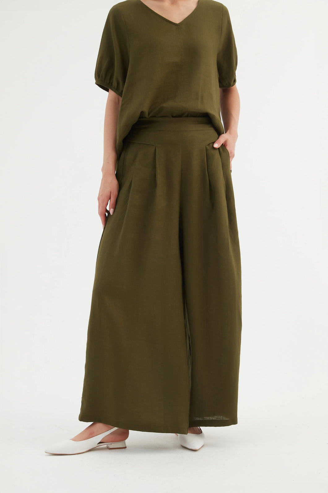 Tirelli Pleat Front Palazzo Pant Dark Moss