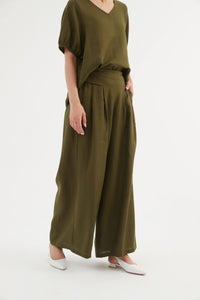 Tirelli Pleat Front Palazzo Pant Dark Moss