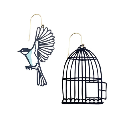 DENZ Birdcage & Bird Earrings Black/ Duckegg
