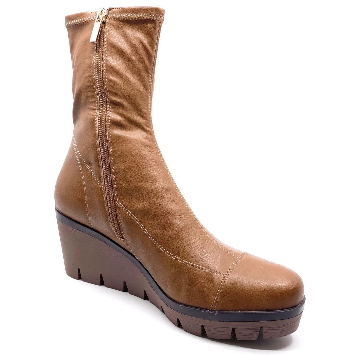 Django & Juliette Nucio Wedge Boots Tan Stretch Smooth