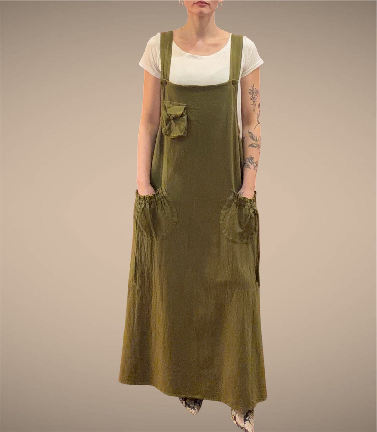 Tibet House GT01 Thick Cotton 3 Pocket Pinafore Dress Khaki