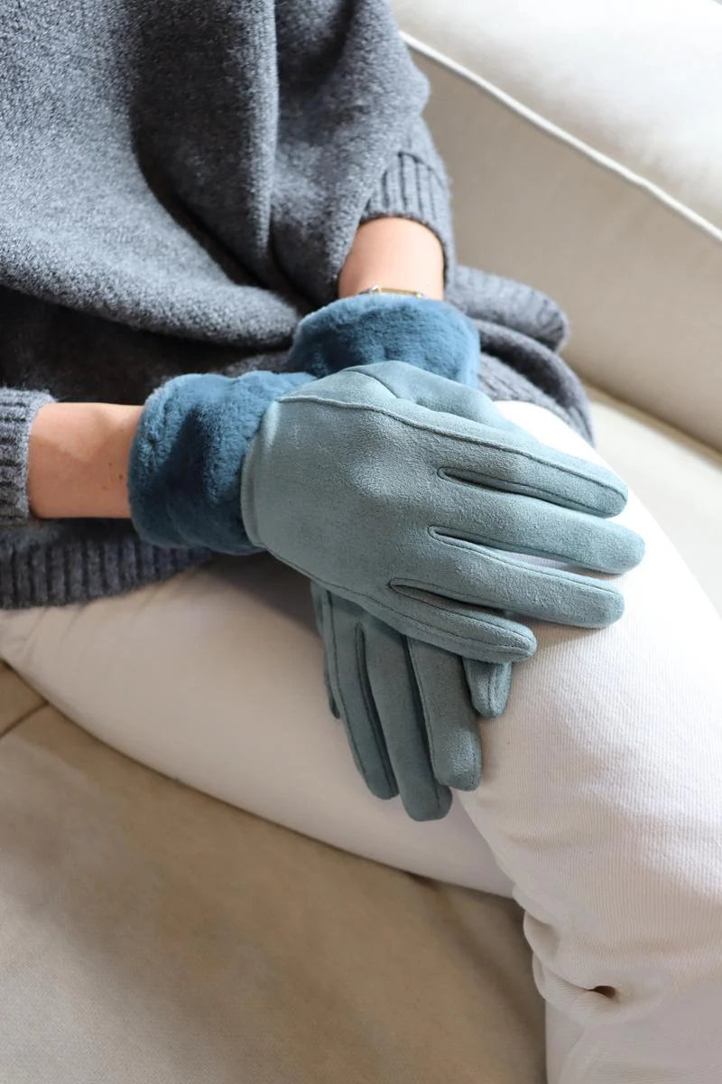 Cinnamon Creations Faux Fur Trim Suedette Gloves Gloves Teal