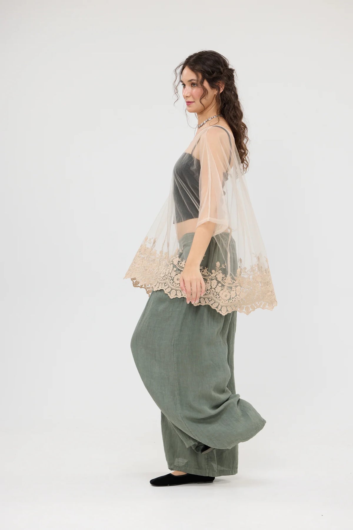 Miss Rose Sister Violet Chantilly Lace Edged Top Champagne