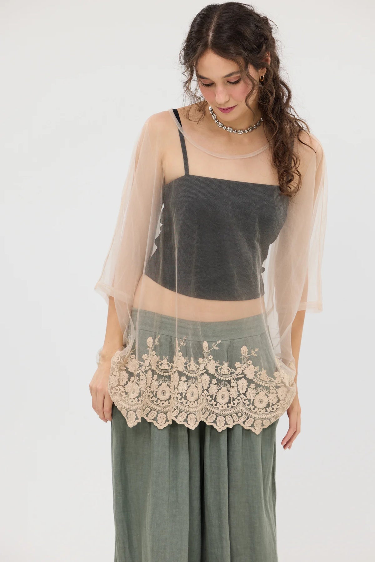 Miss Rose Sister Violet Chantilly Lace Edged Top Champagne