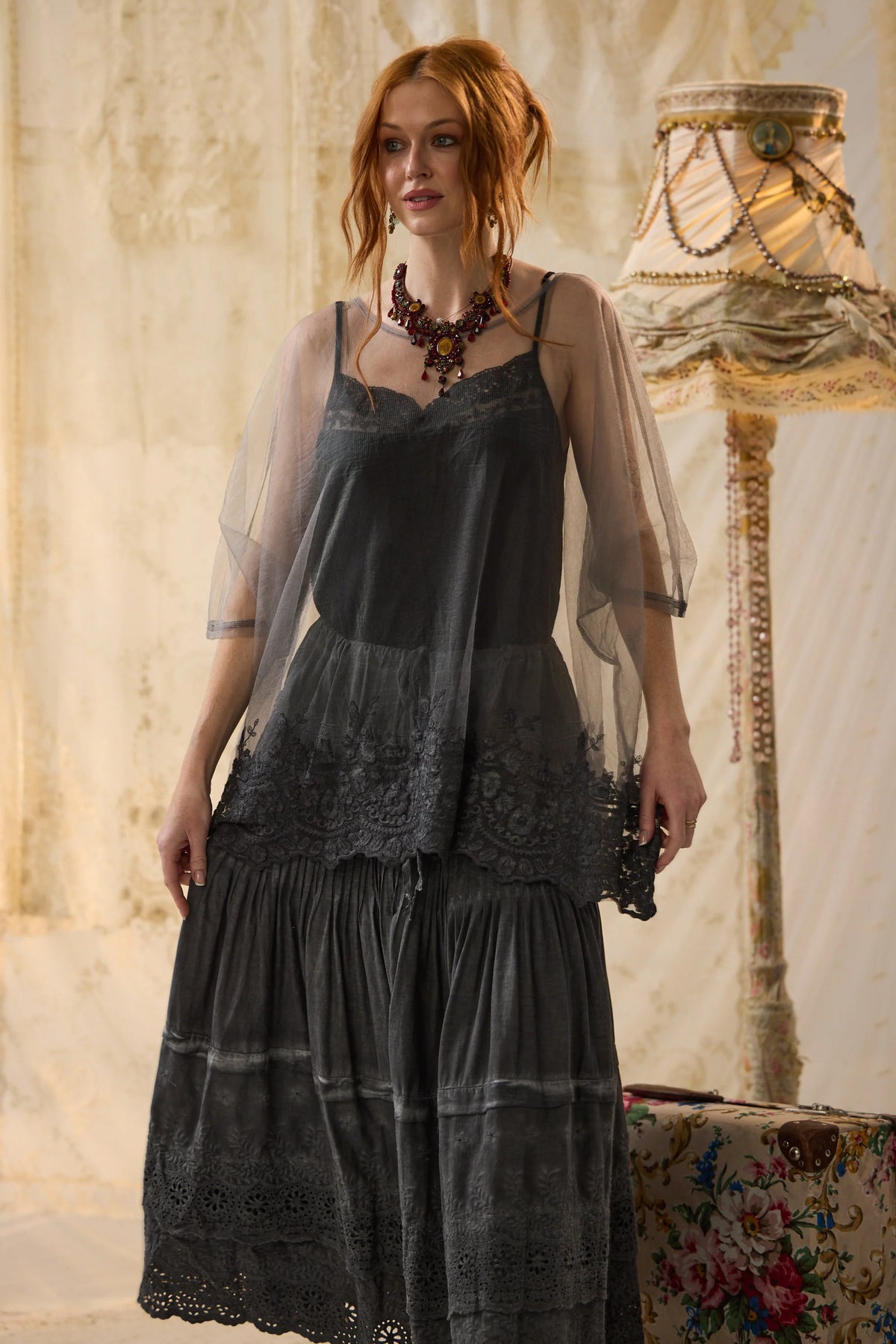Miss Rose Sister Violet Chantilly Lace Edged Top Mist
