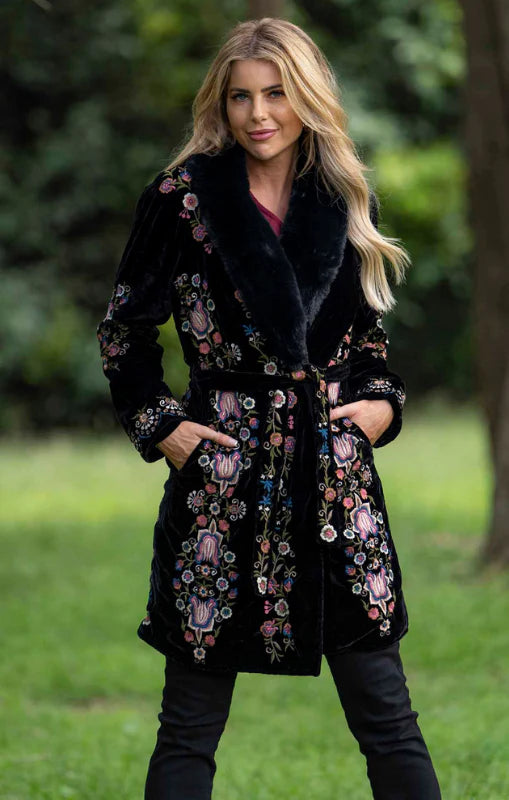 Cienna Danica Black Velvet Embroidered Coat
