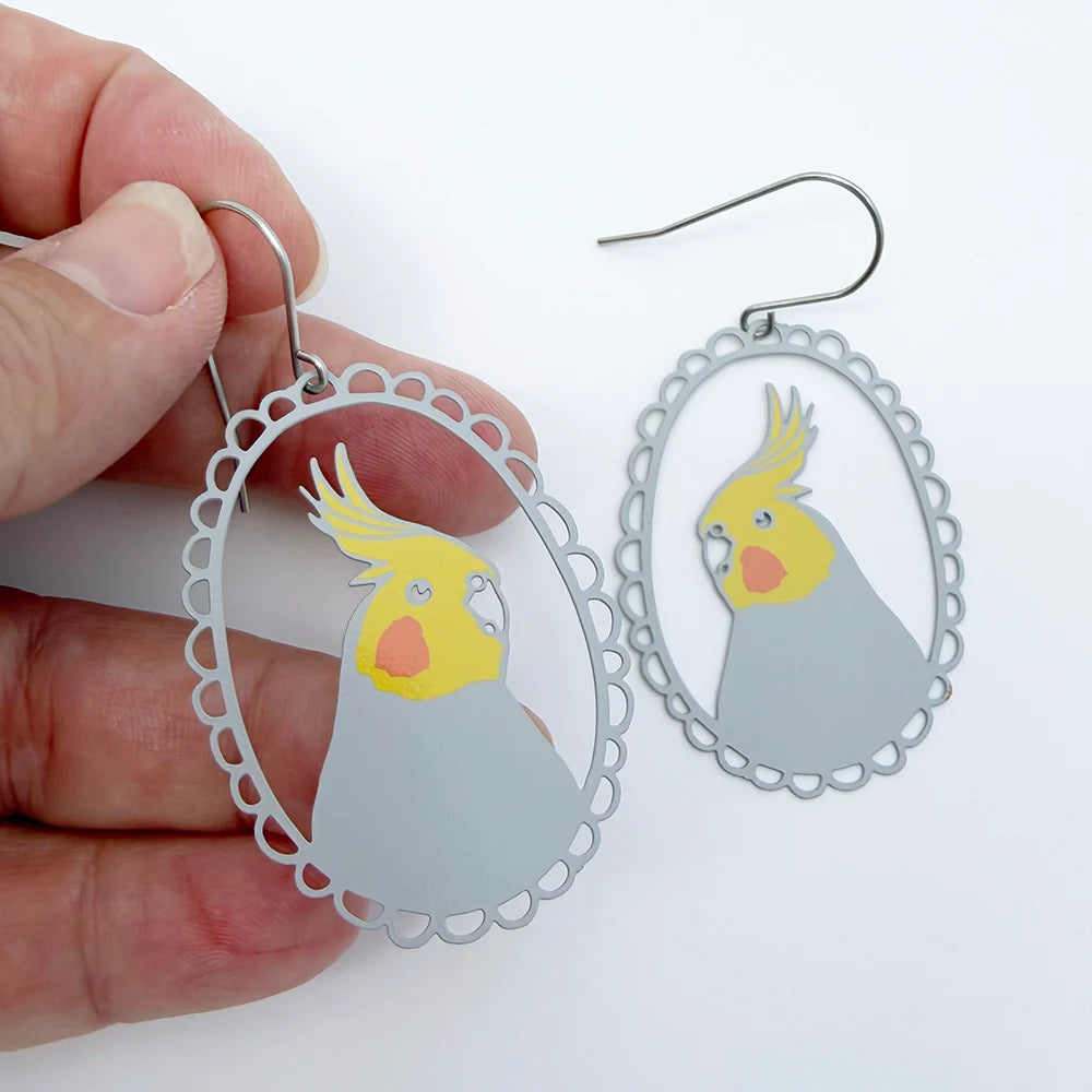 DENZ Cockatiel Earrings Grey/ Yellow/ Orange