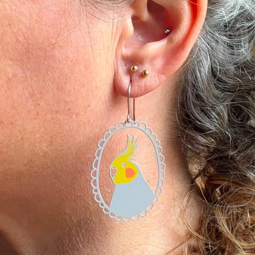 DENZ Cockatiel Earrings Grey/ Yellow/ Orange