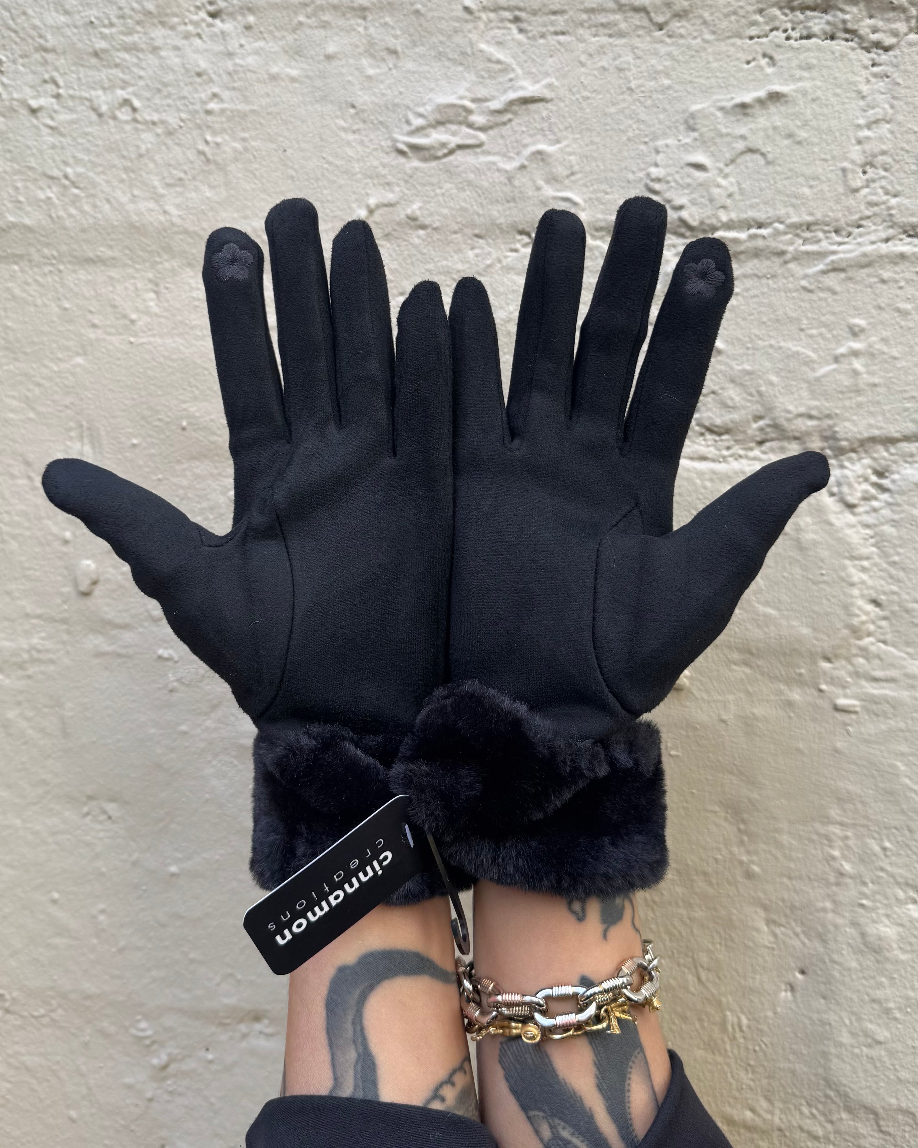 Cinnamon Creations Faux Fur Trim Suedette Gloves Black