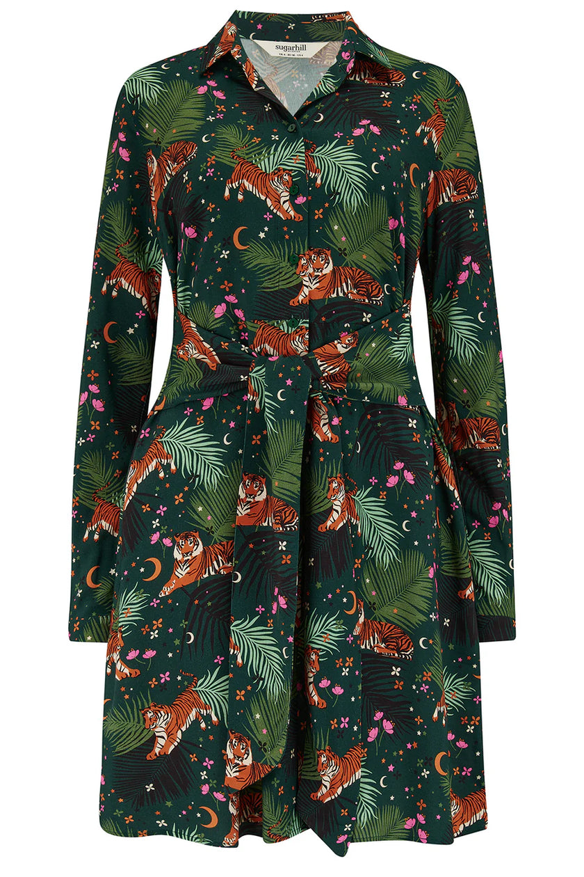 Sugarhill Brighton Henrietta Mini Shirt Dress Dark Green Tigers/Palms