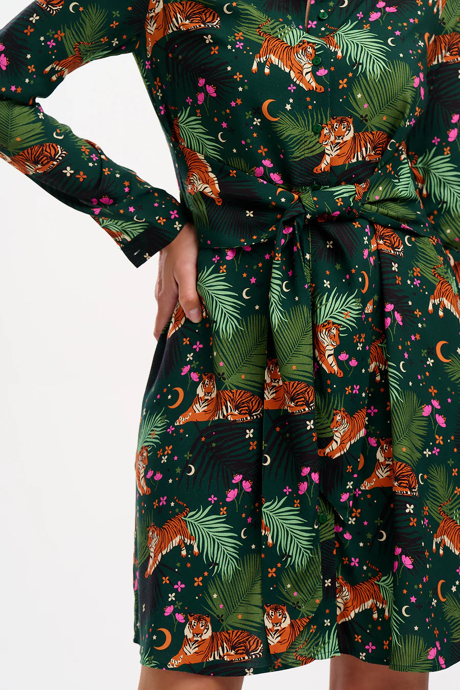 Sugarhill Brighton Henrietta Mini Shirt Dress Dark Green Tigers/Palms