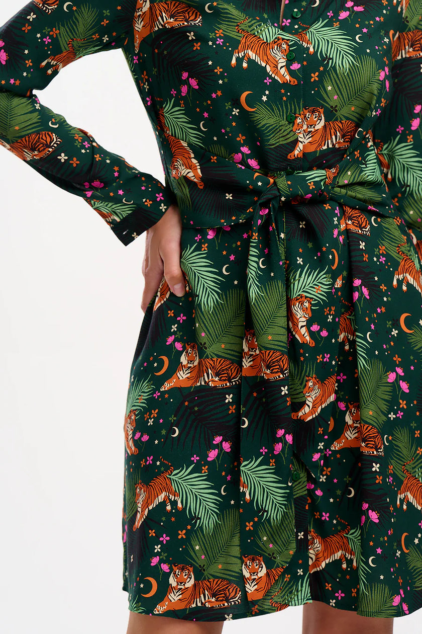 Sugarhill Brighton Henrietta Mini Shirt Dress Dark Green Tigers/Palms